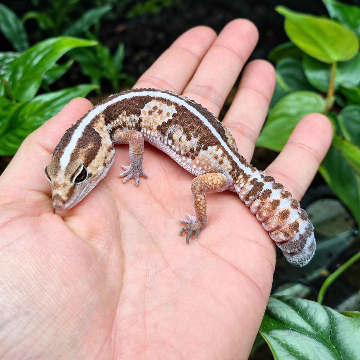 Gecko à queue grasse Hemitheconyx caudicinctus brun et crème, avec une bande dorsale blanche, posé sur une main devant un décor végétal.