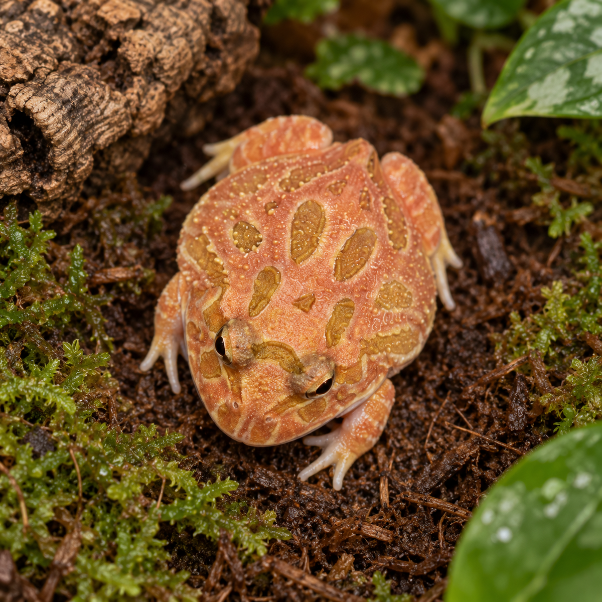 Grenouille Pac-Man Apricot, Ceratophrys cranwelli à la coloration saumon orangé et aux motifs dorés, installée sur un substrat tropical humide.