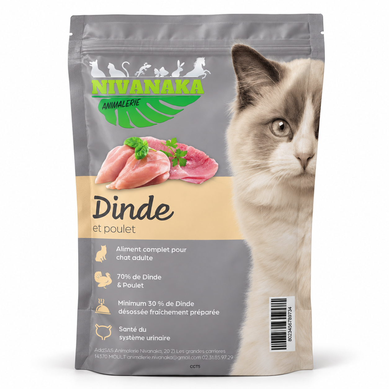 Sachet de croquettes Nivanaka Dinde et Poulet, aliment complet pour chat adulte