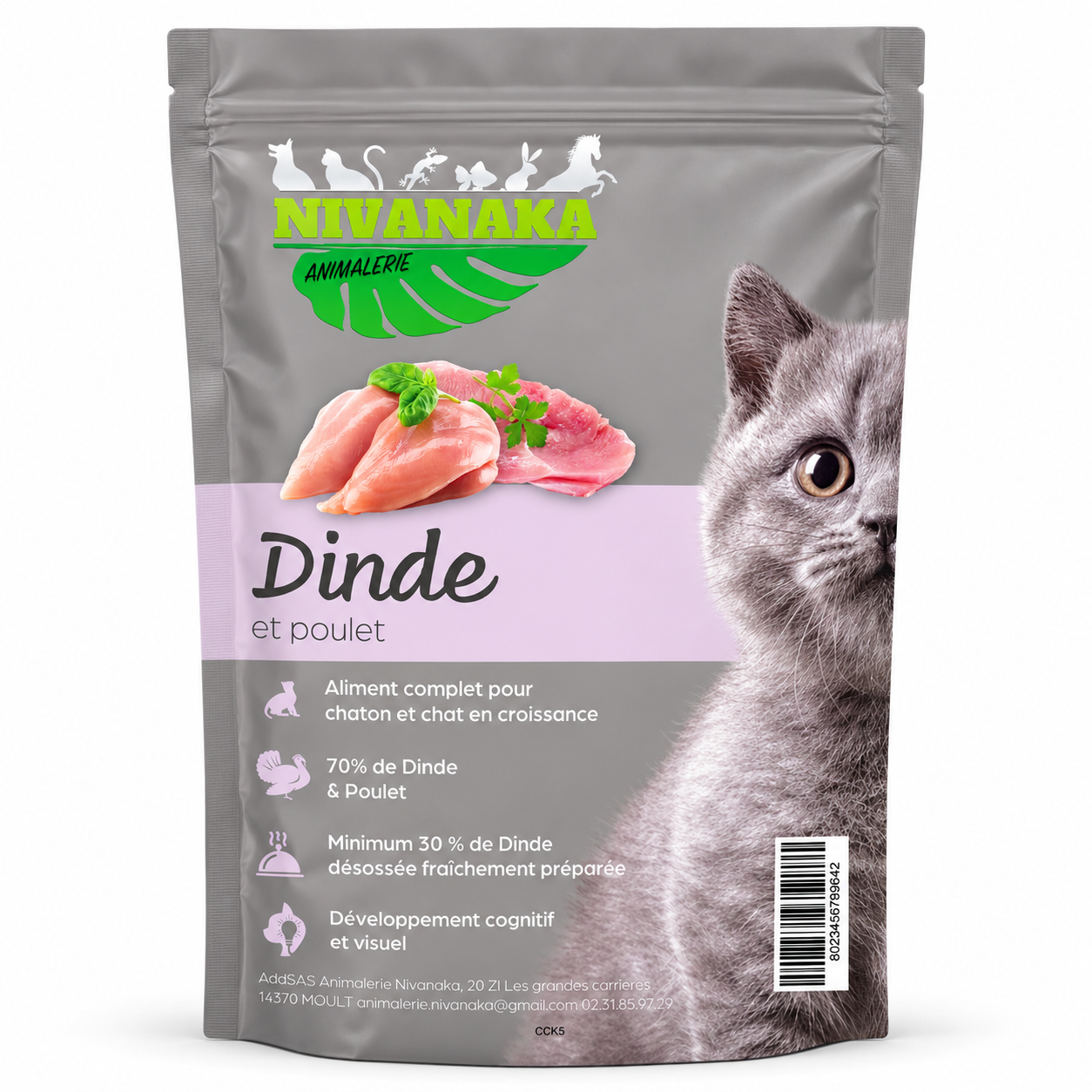 Sachet Nivanaka Dinde et Poulet, aliment complet pour chaton et chat en croissance