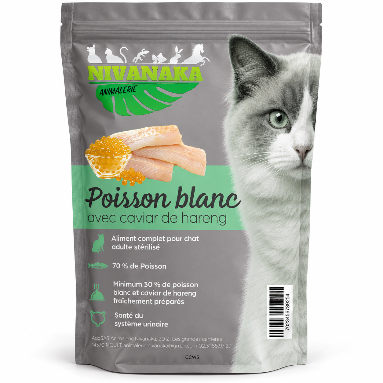 Sachet de croquettes Nivanaka au poisson blanc et caviar de hareng pour chat adulte stérilisé