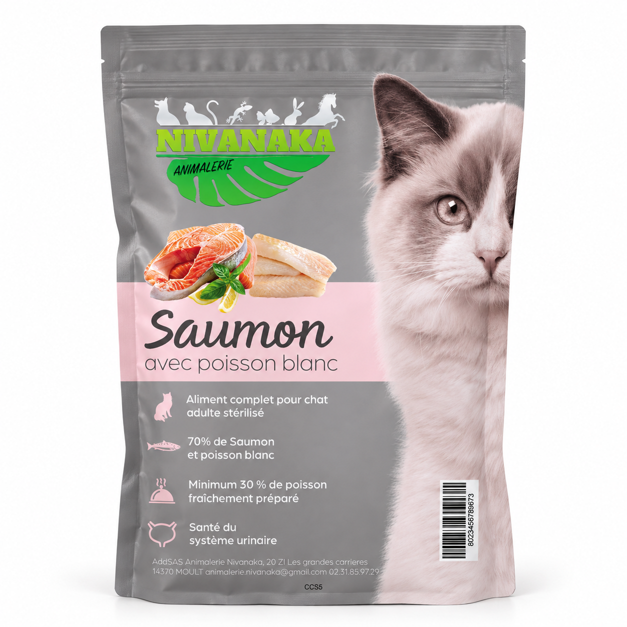 Sachet de croquettes Nivanaka au saumon et poisson blanc pour chat adulte stérilisé