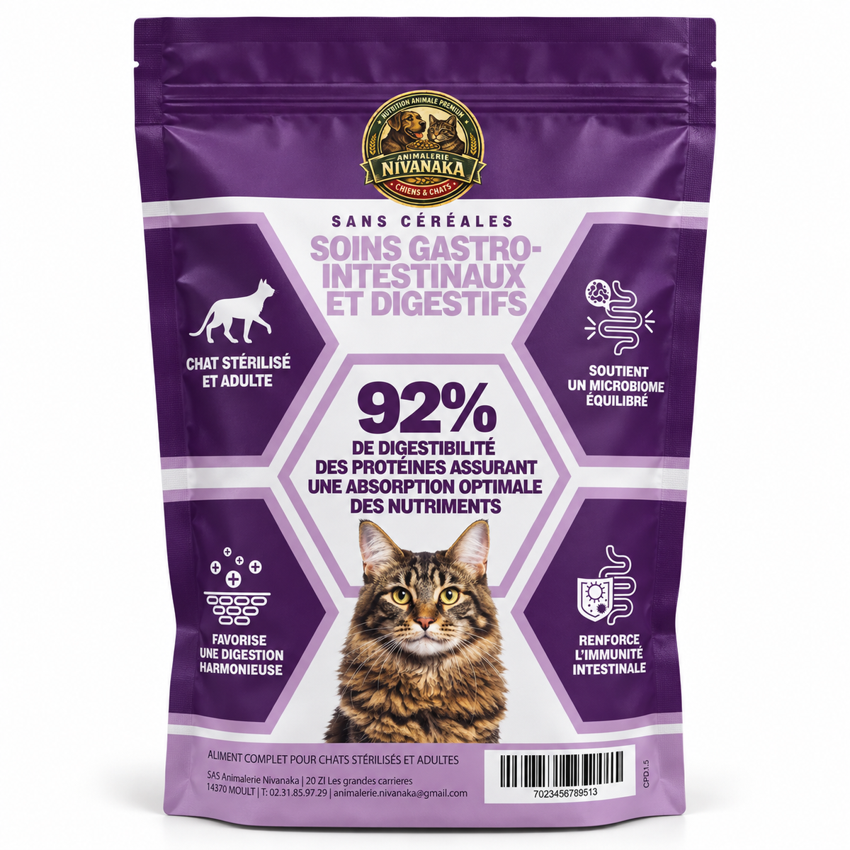 Sachet de croquettes sans céréales Nivanaka pour les soins gastro-intestinaux et digestifs du chat adulte stérilisé