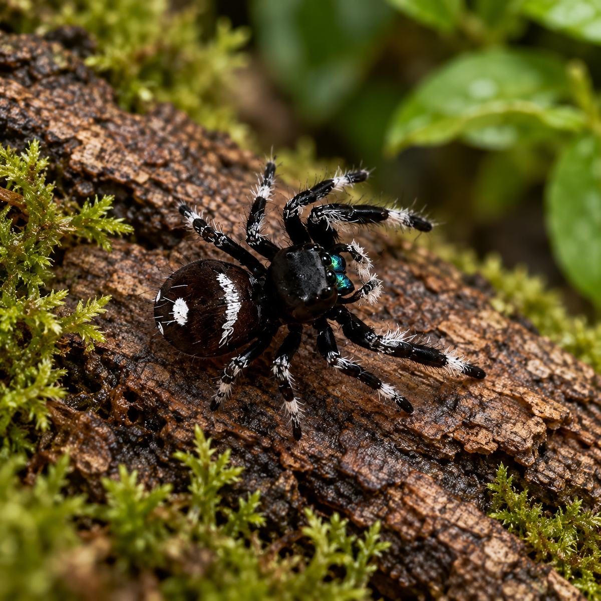 Phidippus regius mâle de localité Floride, araignée sauteuse noire aux marques blanches et chélicères bleu-vert, photographiée sur une écorce.