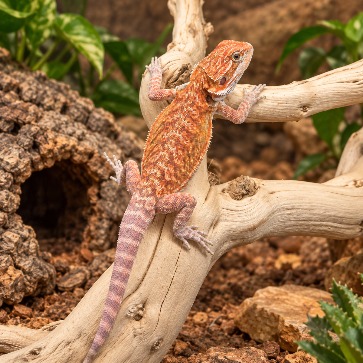 Pogona vitticeps mâle Hypo Blood à la coloration rouge orangé et à la queue annelée, installé sur une branche dans un terrarium naturel.
