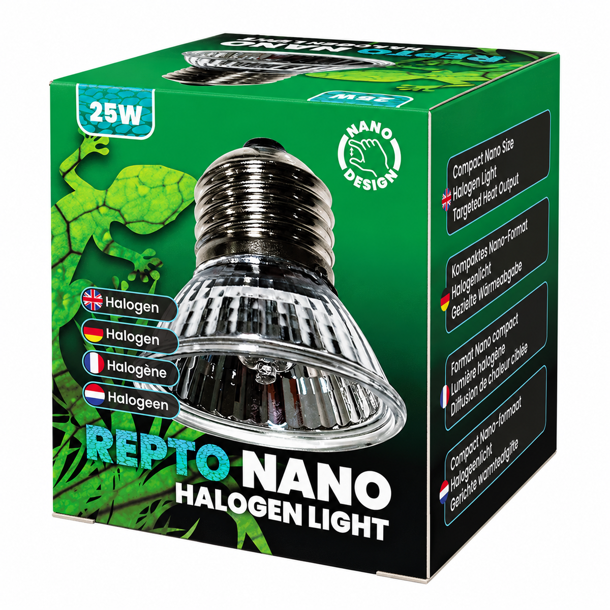 Boîte verte et noire de la lampe chauffante Repto Nano Halogen Light 25 W pour terrarium, présentée sur fond blanc.