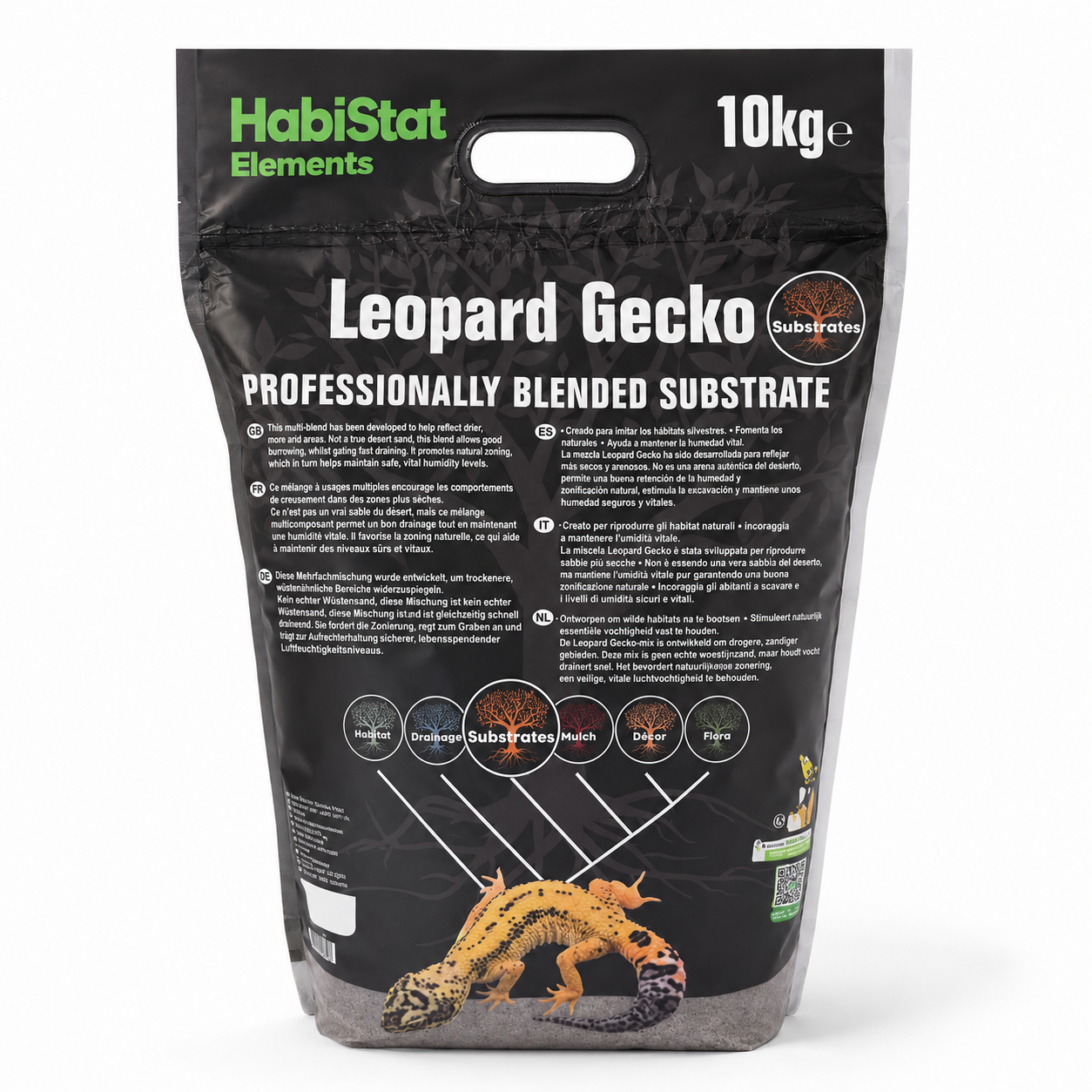 Face arrière du substrat HabiStat Elements Leopard Gecko 10 kg avec les informations du fabricant