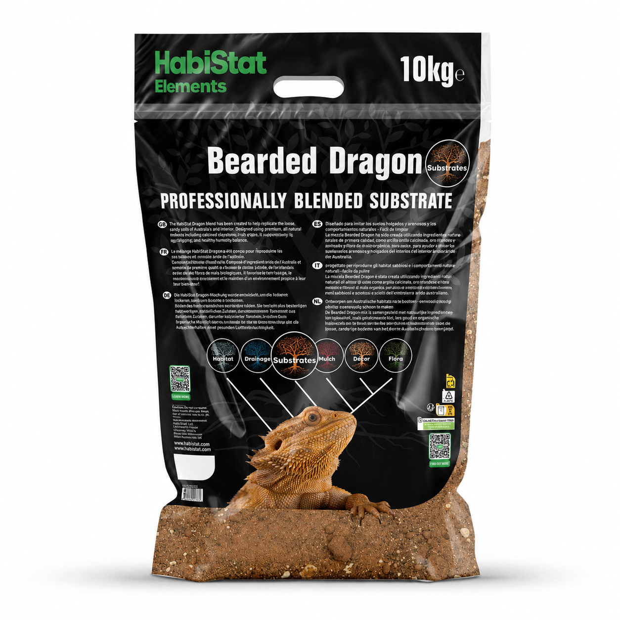 Face arrière du substrat HabiStat Elements Bearded Dragon 10 kg avec les informations du fabricant