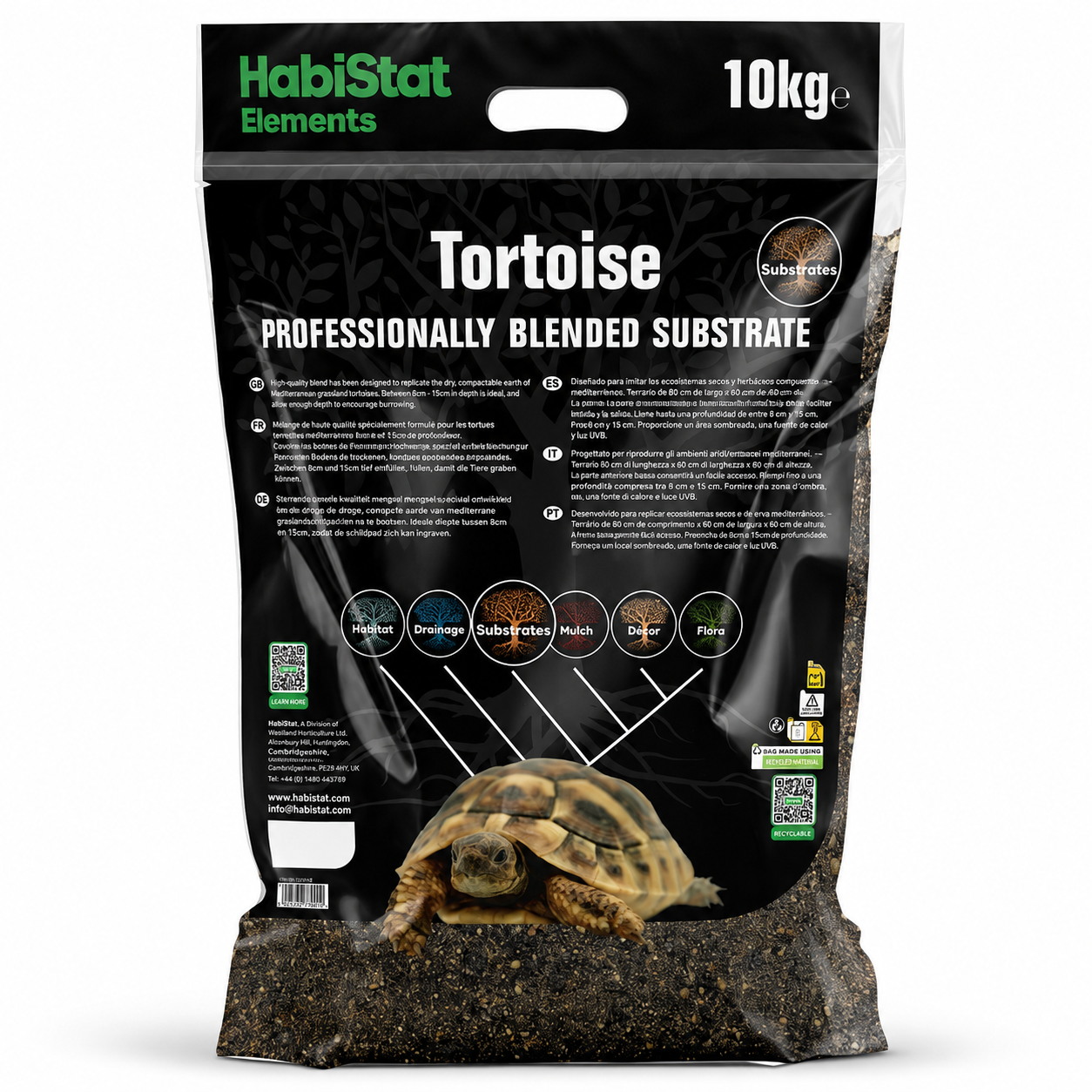 Face arrière du substrat HabiStat Elements Tortoise 10 kg avec les informations du fabricant