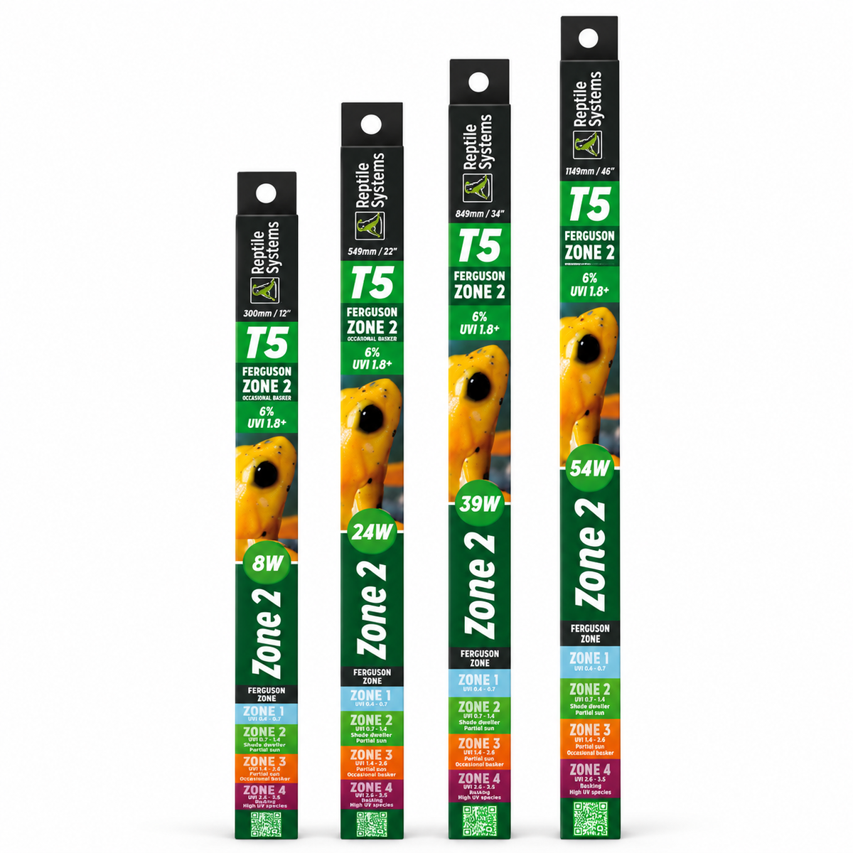 Gamme de tubes UVB T5 Ferguson Zone 2 Reptile Systems en 8 W, 24 W, 39 W et 54 W.