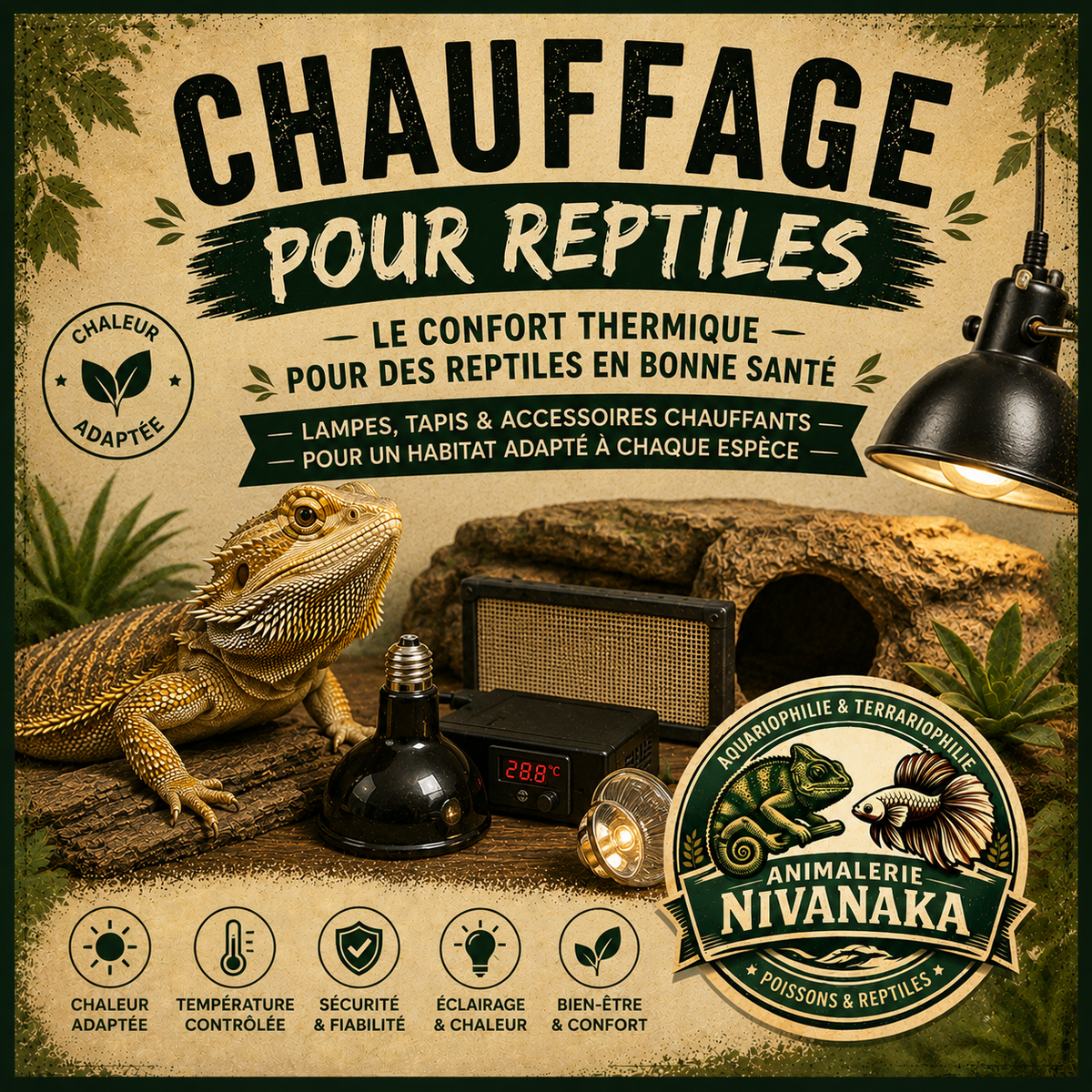 Chauffage pour reptiles et terrariums - lampes, tapis et câbles chauffants - Nivanak
