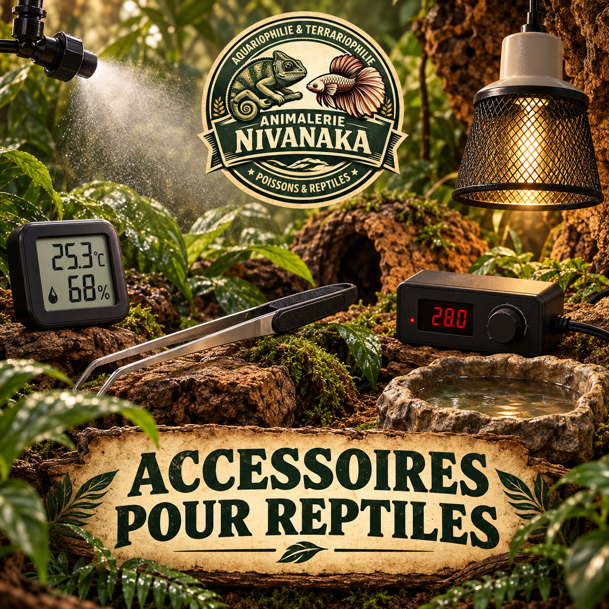 Accessoires pour reptiles dans un terrarium tropical avec hygromètre, pince, protection de lampe et logo Nivanaka