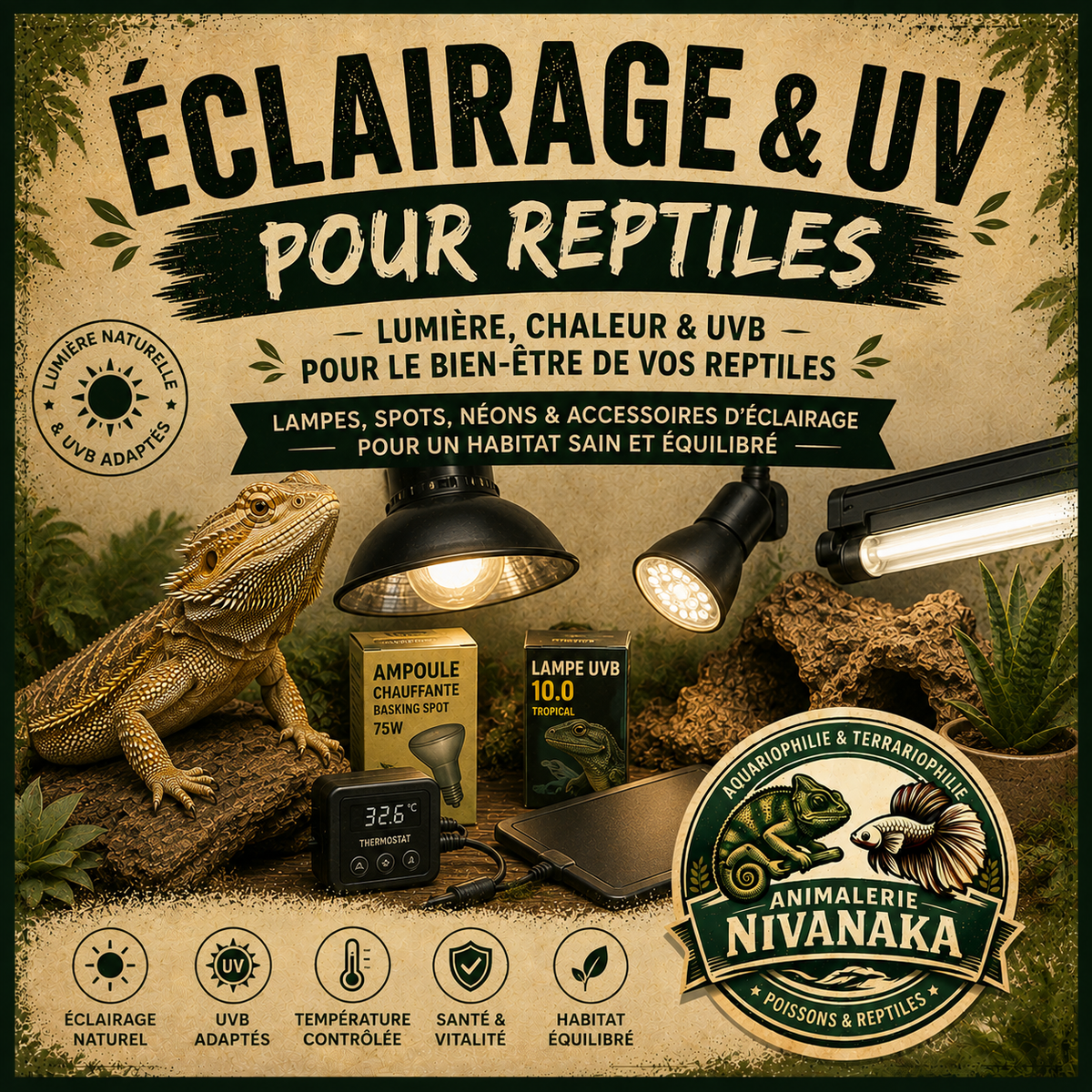 Éclairage et UV pour reptiles - lampes UVB et éclairages pour terrarium - Nivanaka