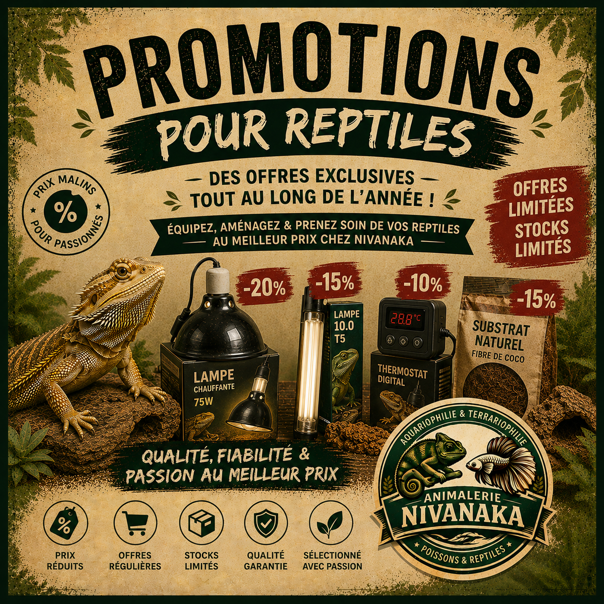 Promotions sur le matériel et les accessoires pour reptiles - Nivanaka