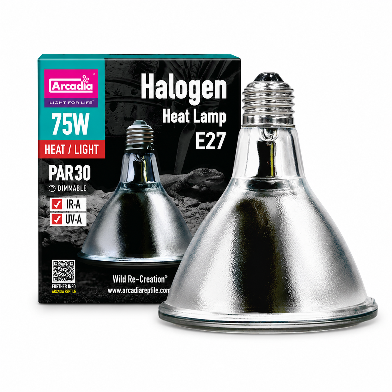 Ampoule chauffante Arcadia Halogen Heat Lamp 75 W PAR30 dimmable avec emballage pour terrarium