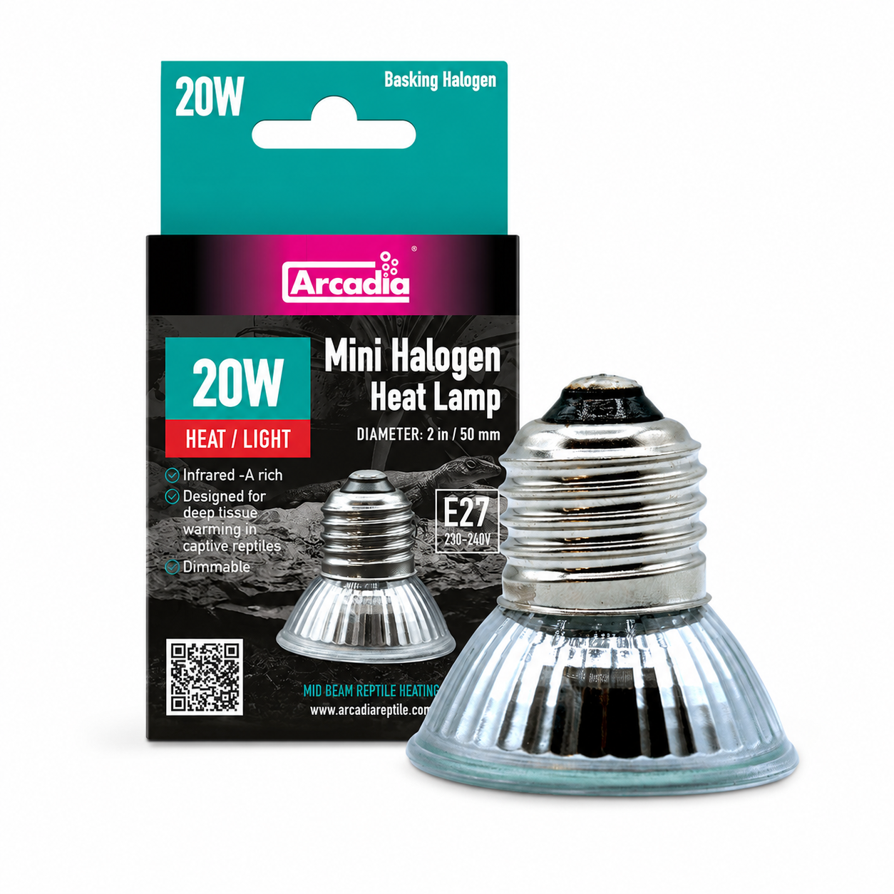 Ampoule chauffante Arcadia Mini Halogen 20 W avec culot E27 et emballage pour terrarium