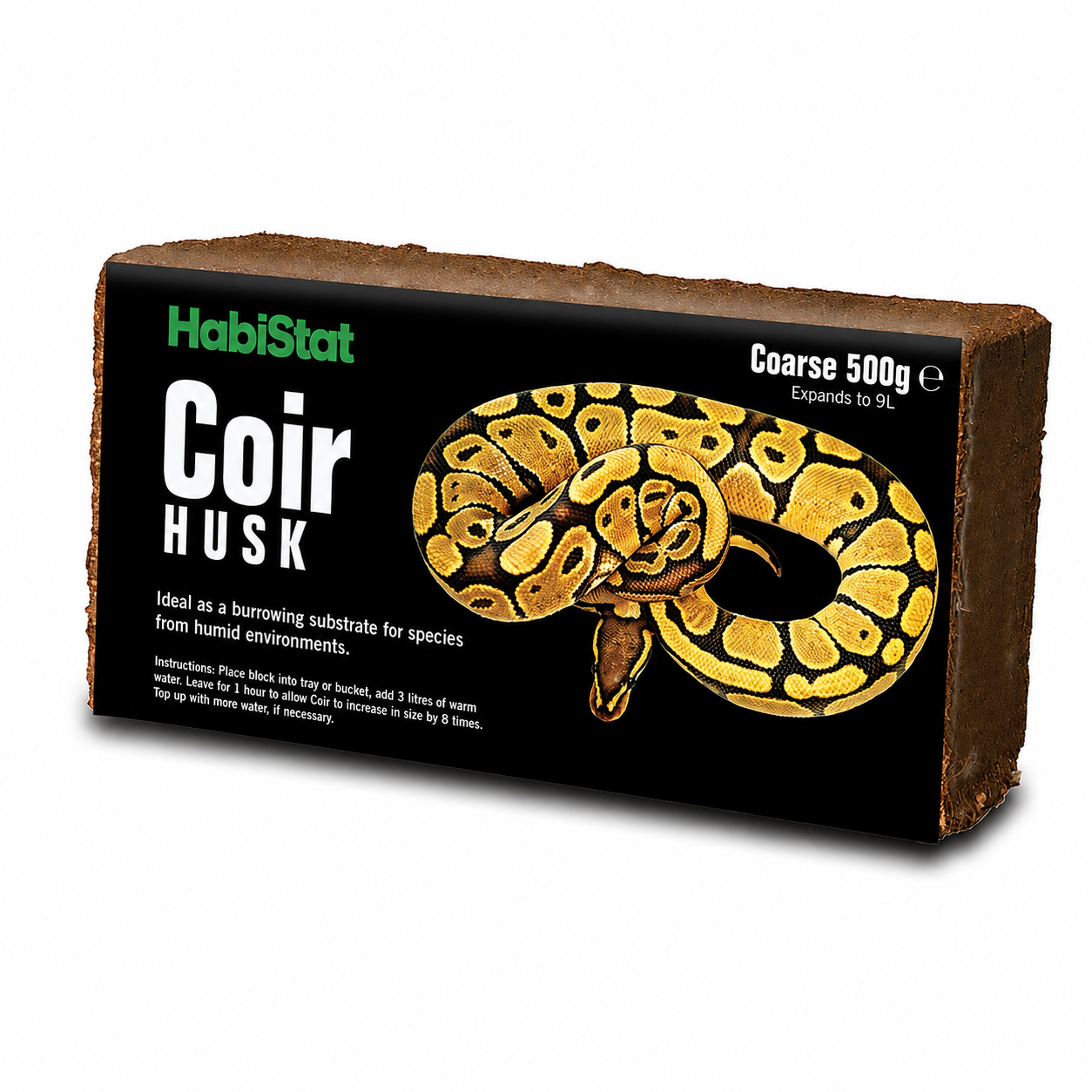 Face avant de la brique de copeaux de coco HabiStat Coir Husk 500 g donnant 9 L de substrat après réhydratation