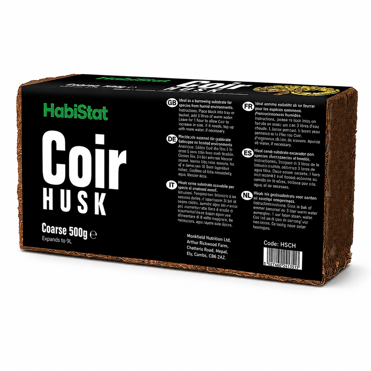 Face arrière de la brique HabiStat Coir Husk 500 g avec les instructions de préparation du substrat