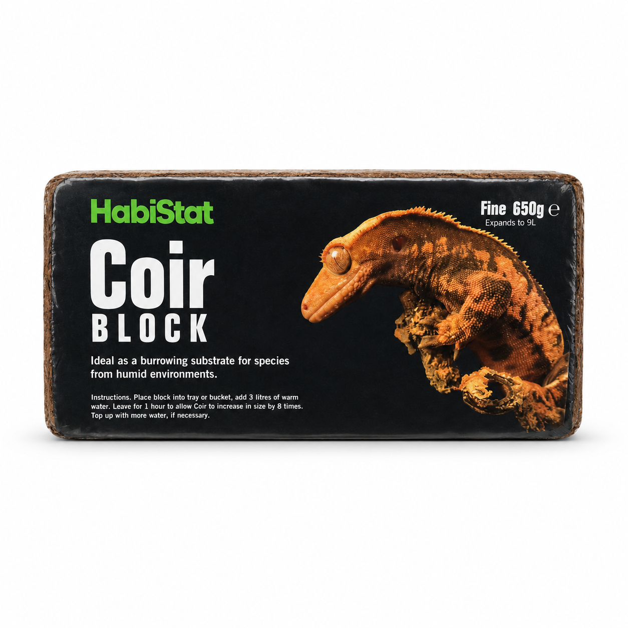 Face avant de la brique de fibre de coco HabiStat Coir Block 650 g donnant 9 L de substrat après réhydratation