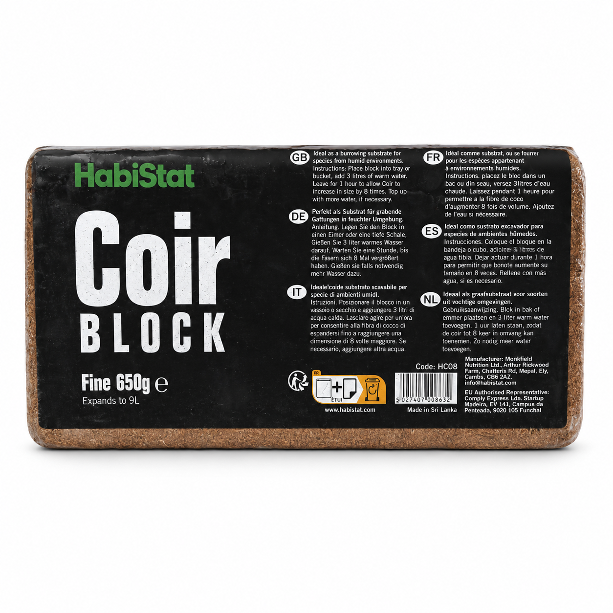 Face arrière de la brique de fibre de coco HabiStat Coir Block 650 g avec les instructions de réhydratation
