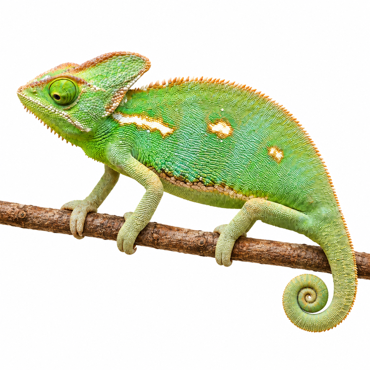 Caméléon casqué femelle Chamaeleo calyptratus de couleur verte, photographiée de profil sur une branche