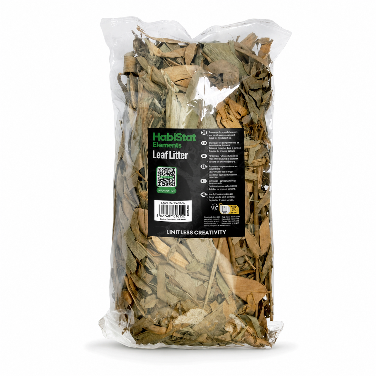Face arrière du sachet de feuilles de bambou HabiStat Bamboo Leaf Litter 5 L avec les informations du fabricant