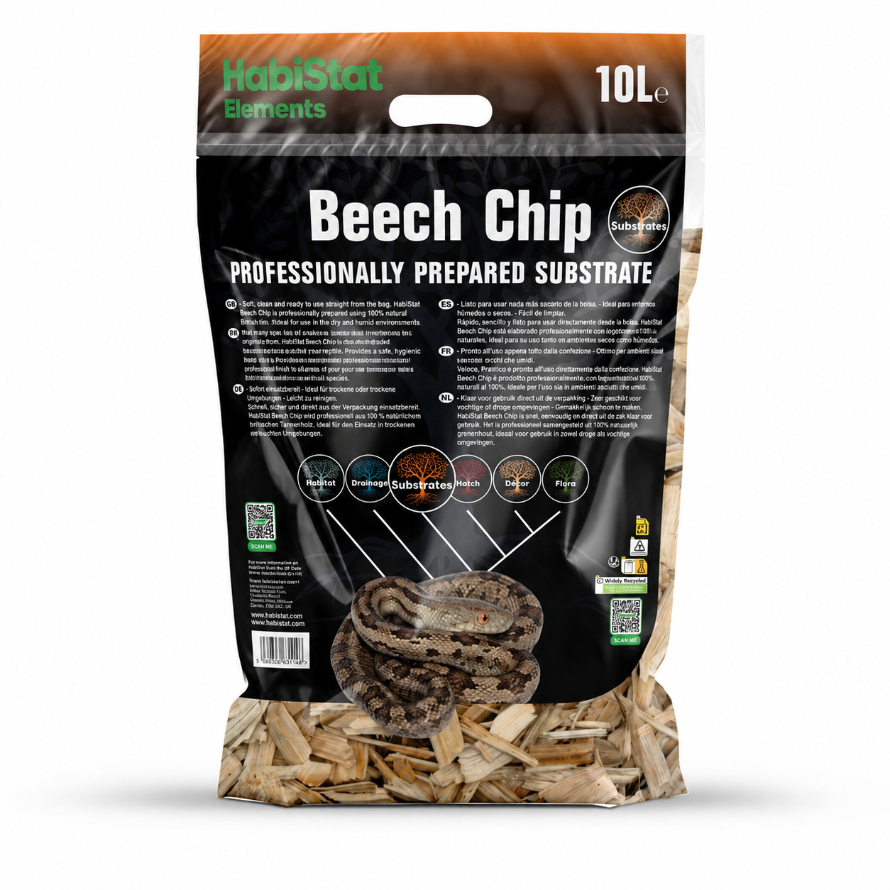 Face arrière du sac HabiStat Beech Chip 10 L avec informations et conseils d’utilisation