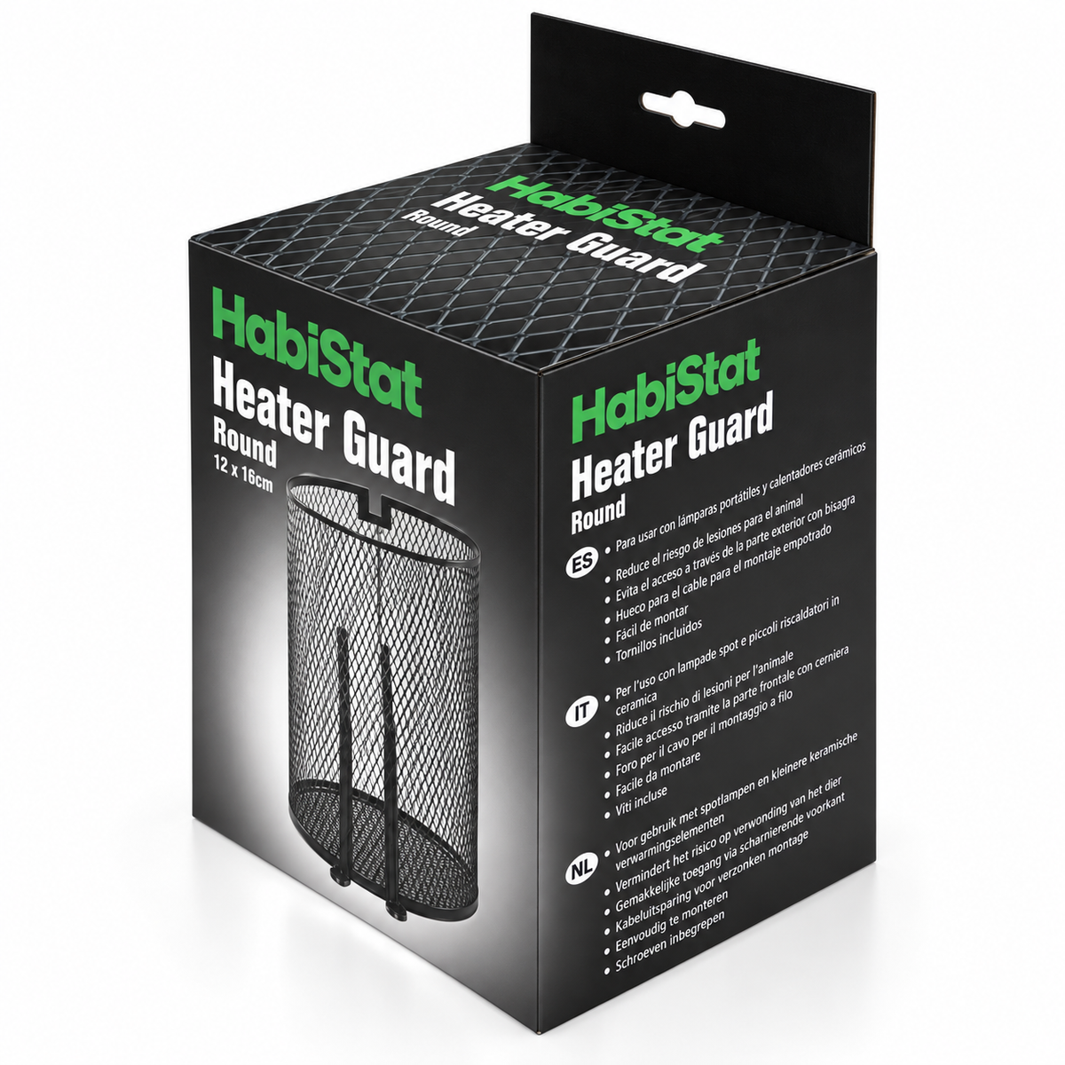 Boîte du HabiStat Heater Guard Round 12 × 16 cm, grille de protection pour lampe de terrarium