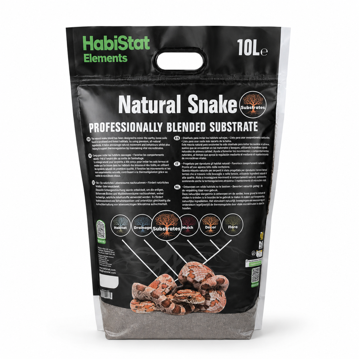Dos du sac de substrat HabiStat Elements Natural Snake 10 L avec les informations du produit