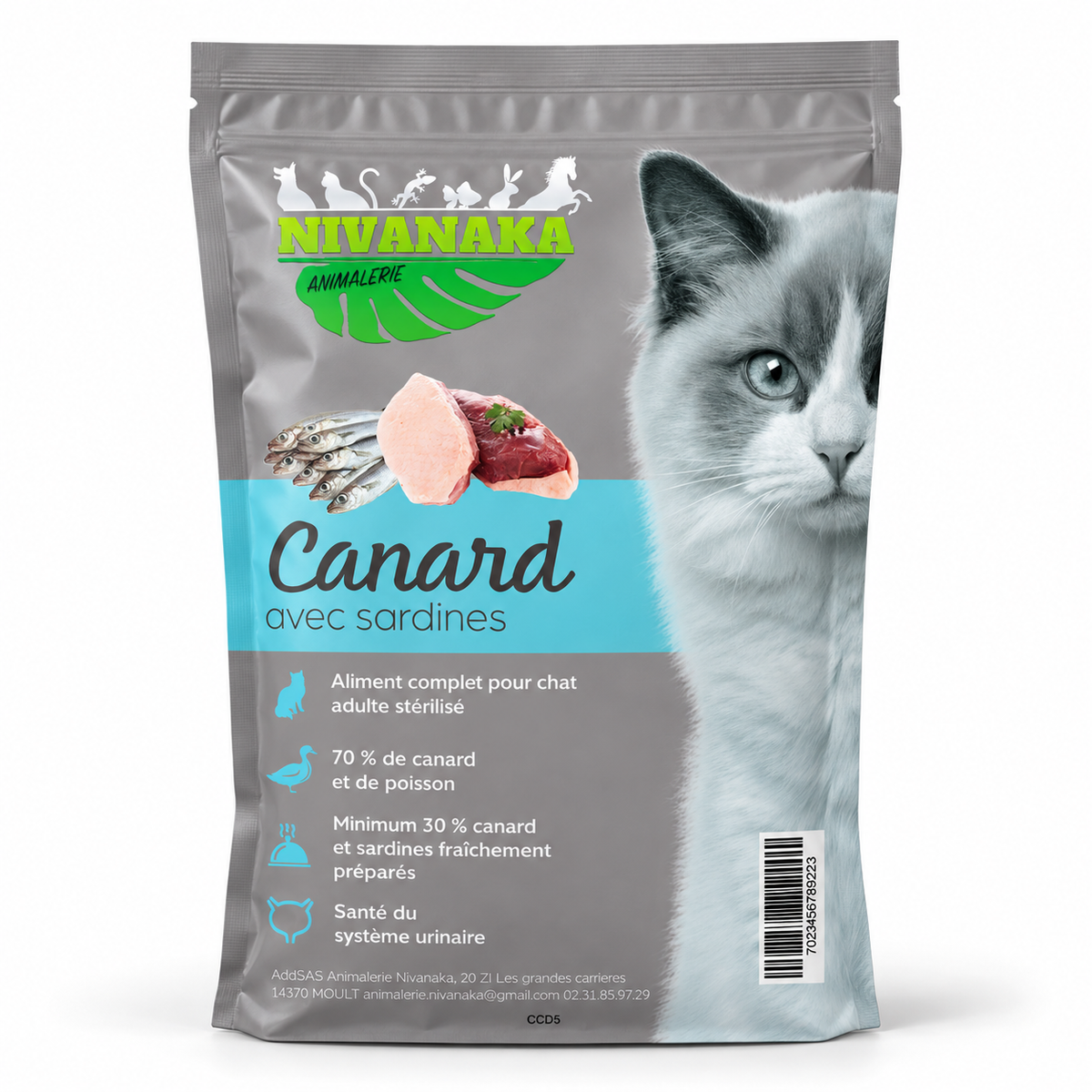 Sachet de croquettes Nivanaka au canard et aux sardines pour chat adulte stérilisé