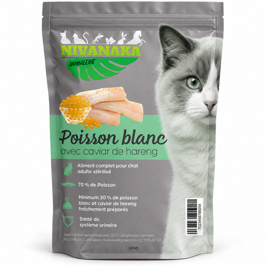 Sachet de croquettes Nivanaka au poisson blanc et caviar de hareng pour chat adulte stérilisé