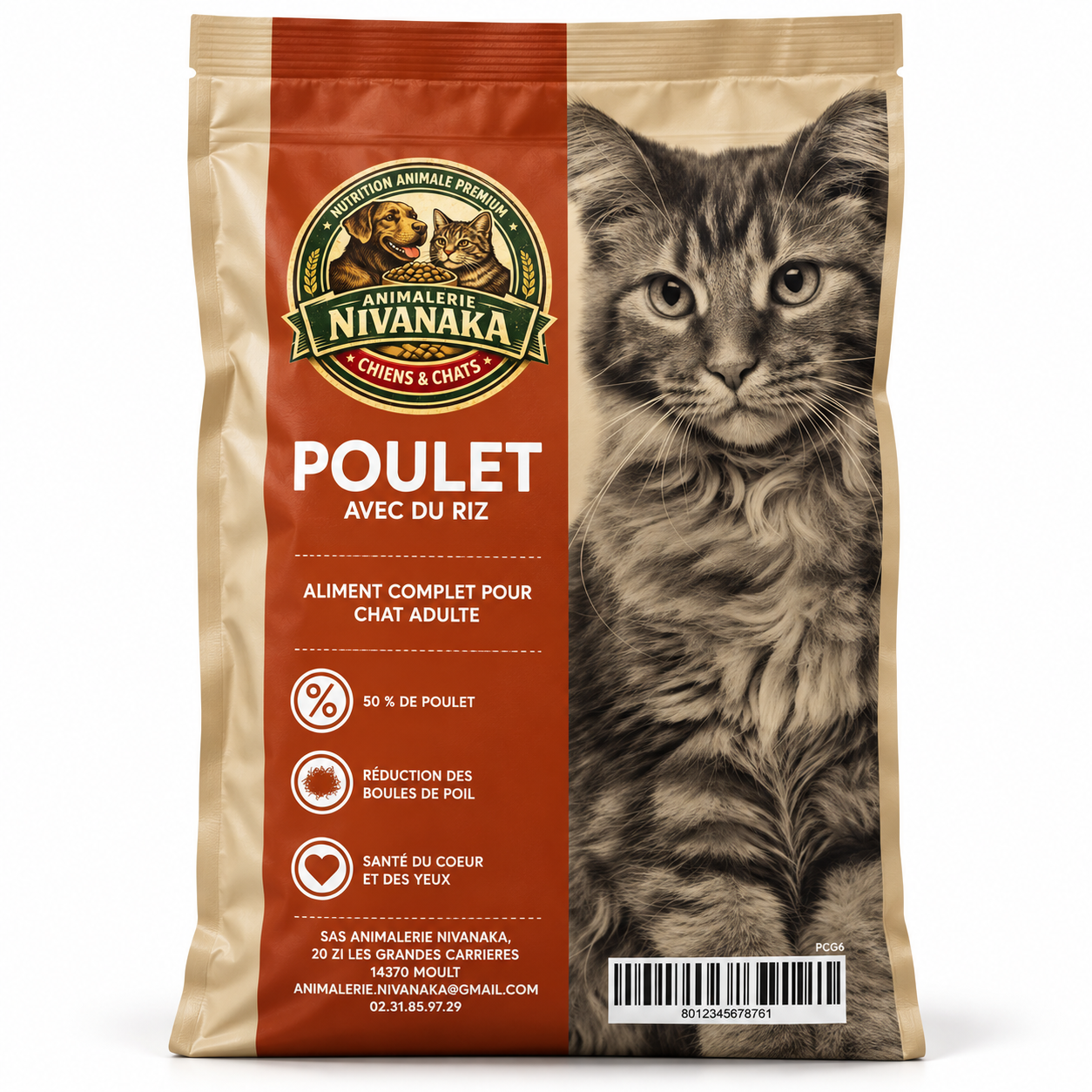 Sachet de croquettes Nivanaka au poulet avec du riz, aliment complet pour chat adulte