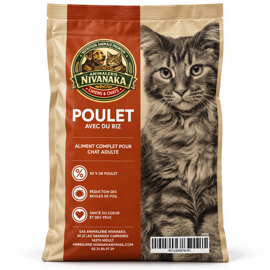 Sachet de croquettes Nivanaka au poulet avec du riz, aliment complet pour chat adulte