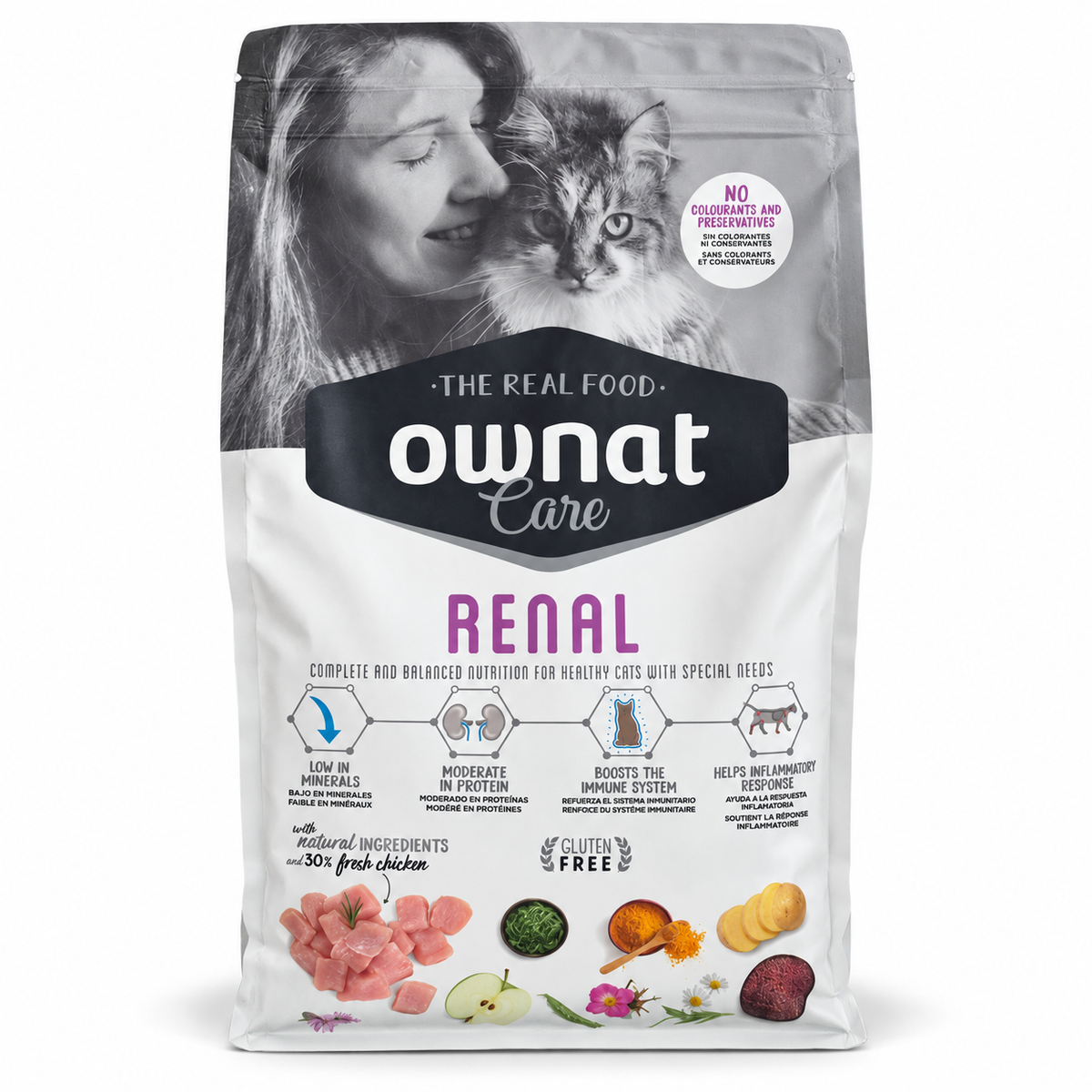 Sachet de croquettes Ownat Care Renal au poulet frais pour chat ayant des besoins nutritionnels spécifiques