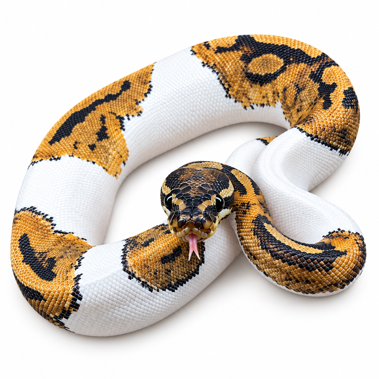 Python royal Python regius Piebald présentant de grandes zones blanches et des motifs dorés et noirs