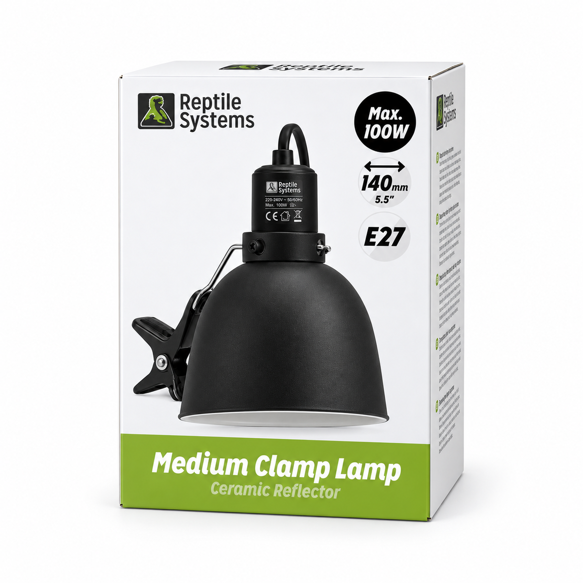 Carton du réflecteur céramique Reptile Systems Medium Clamp Lamp E27 de 140 mm, puissance maximale 100 W
