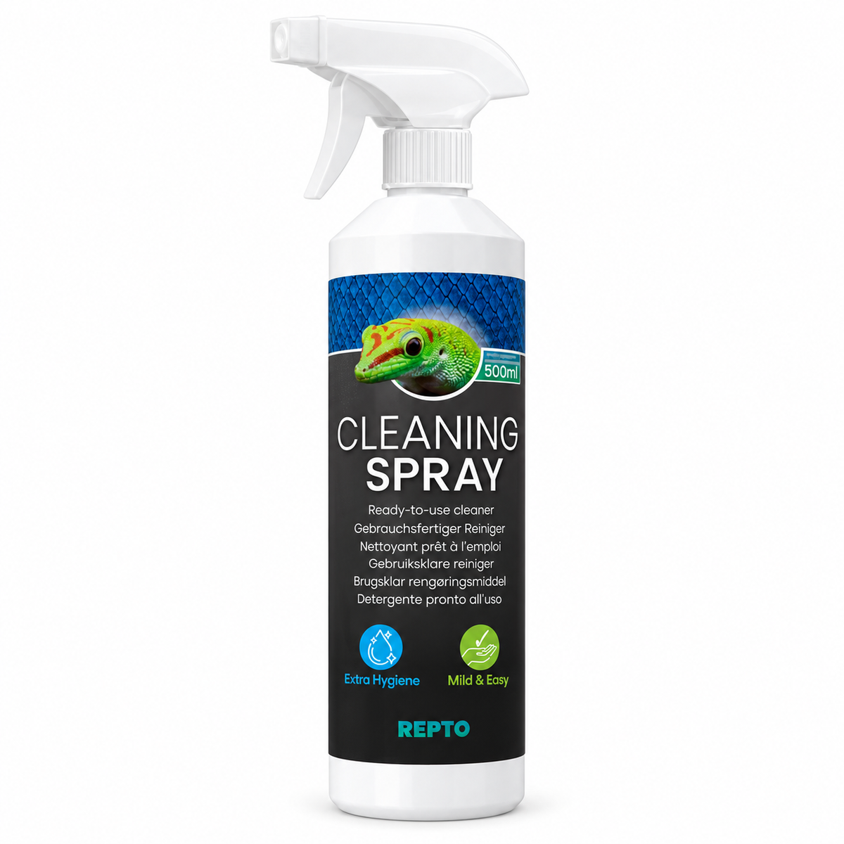 Flacon blanc Repto Cleaning Spray 500 ml avec pulvérisateur à gâchette et étiquette noire et bleue illustrée d’un gecko, sur fond blanc.