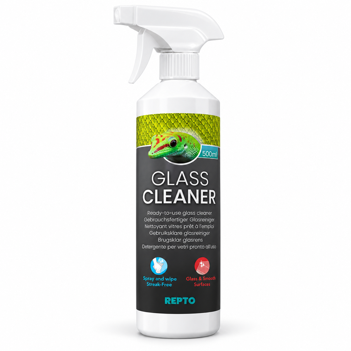 Flacon blanc Repto Glass Cleaner 500 ml avec gâchette et étiquette grise et jaune-vert illustrée d’un gecko, présenté sur fond blanc.