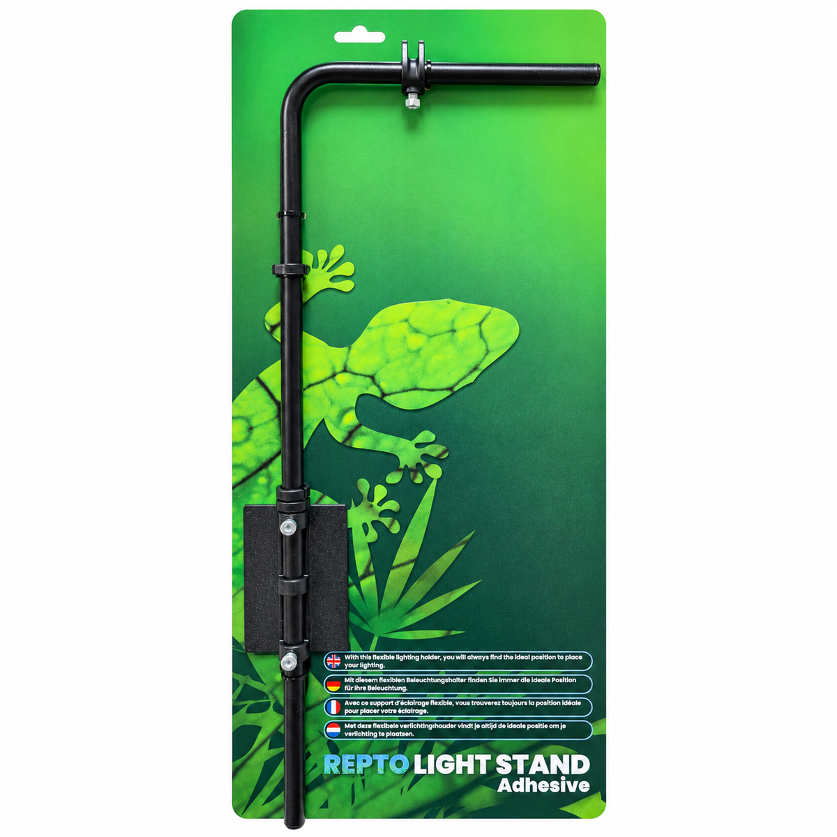 Support de lampe noir Repto Light Stand adhésif, avec bras coudé et plaque de fixation, présenté sur son emballage vert sur fond blanc.