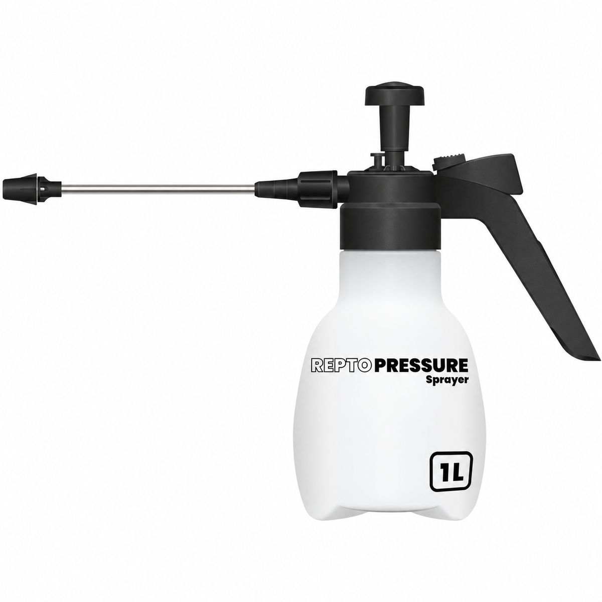 Pulvérisateur à pression Repto Pressure Sprayer 1 litre, avec réservoir blanc, poignée noire et longue lance métallique, sur fond blanc.