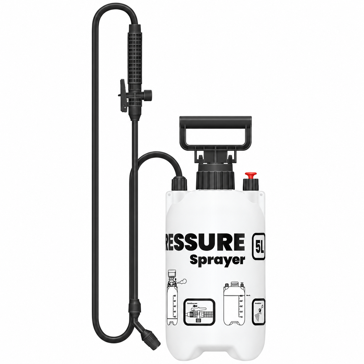 Pulvérisateur à pression Repto Pressure Sprayer 5 litres, avec réservoir blanc, poignée noire, tuyau flexible et lance, présenté sur fond blanc.
