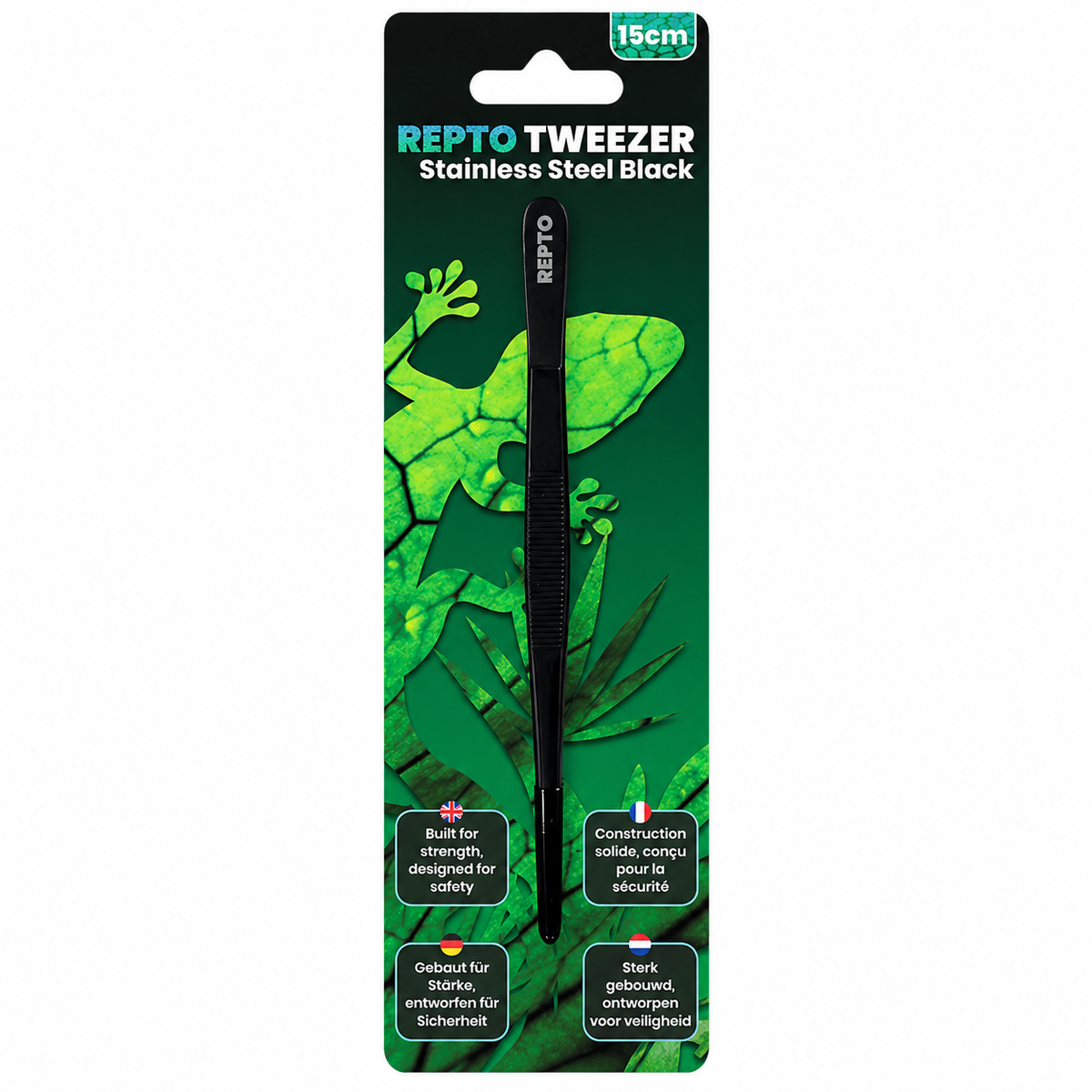Pince noire Repto Tweezer de 15 cm en acier inoxydable, présentée sur son emballage vert illustré d’un gecko, sur fond blanc.