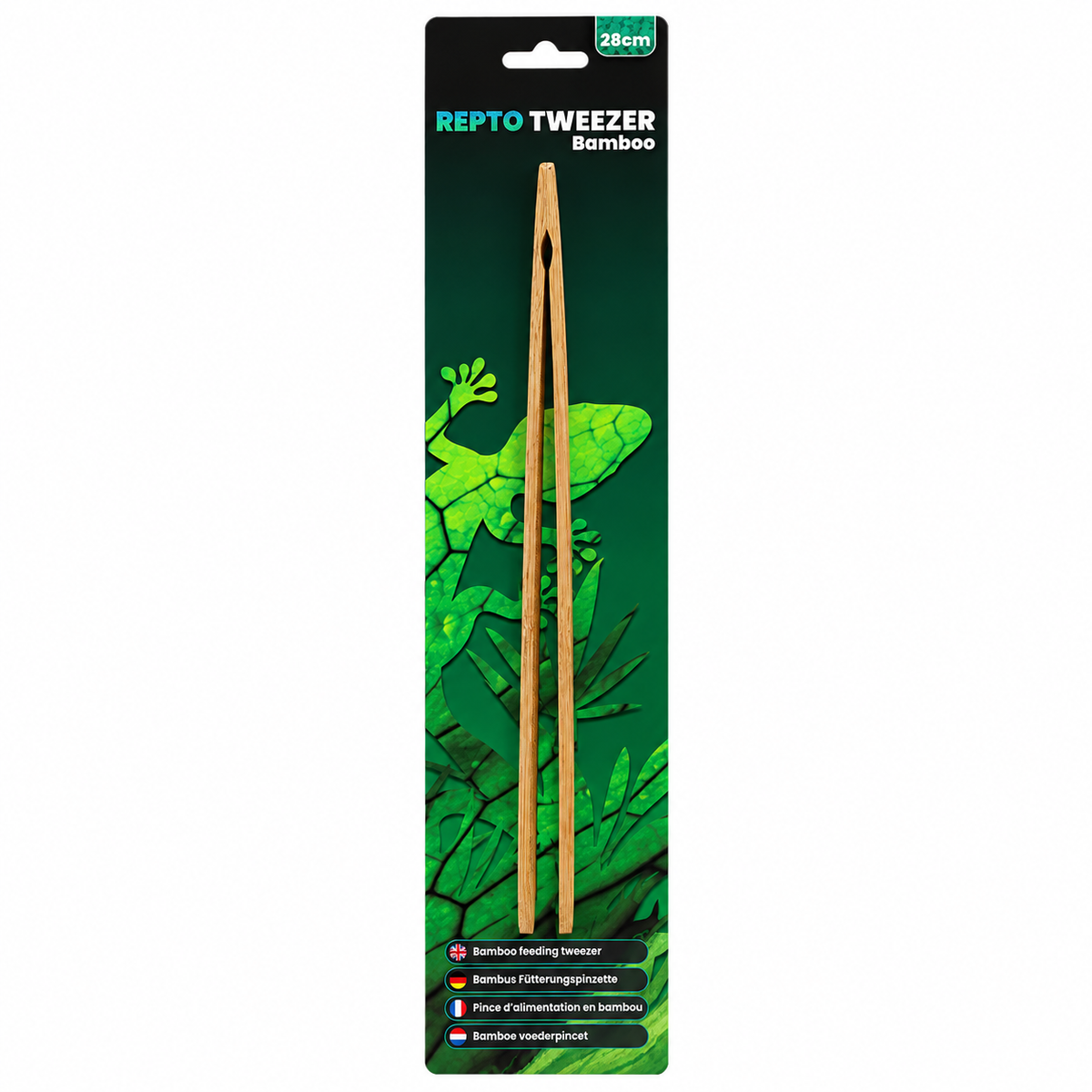 Pince de nourrissage Repto Tweezer Bamboo de 28 cm en bambou naturel, présentée sur son emballage vert illustré d’un gecko, sur fond blanc.