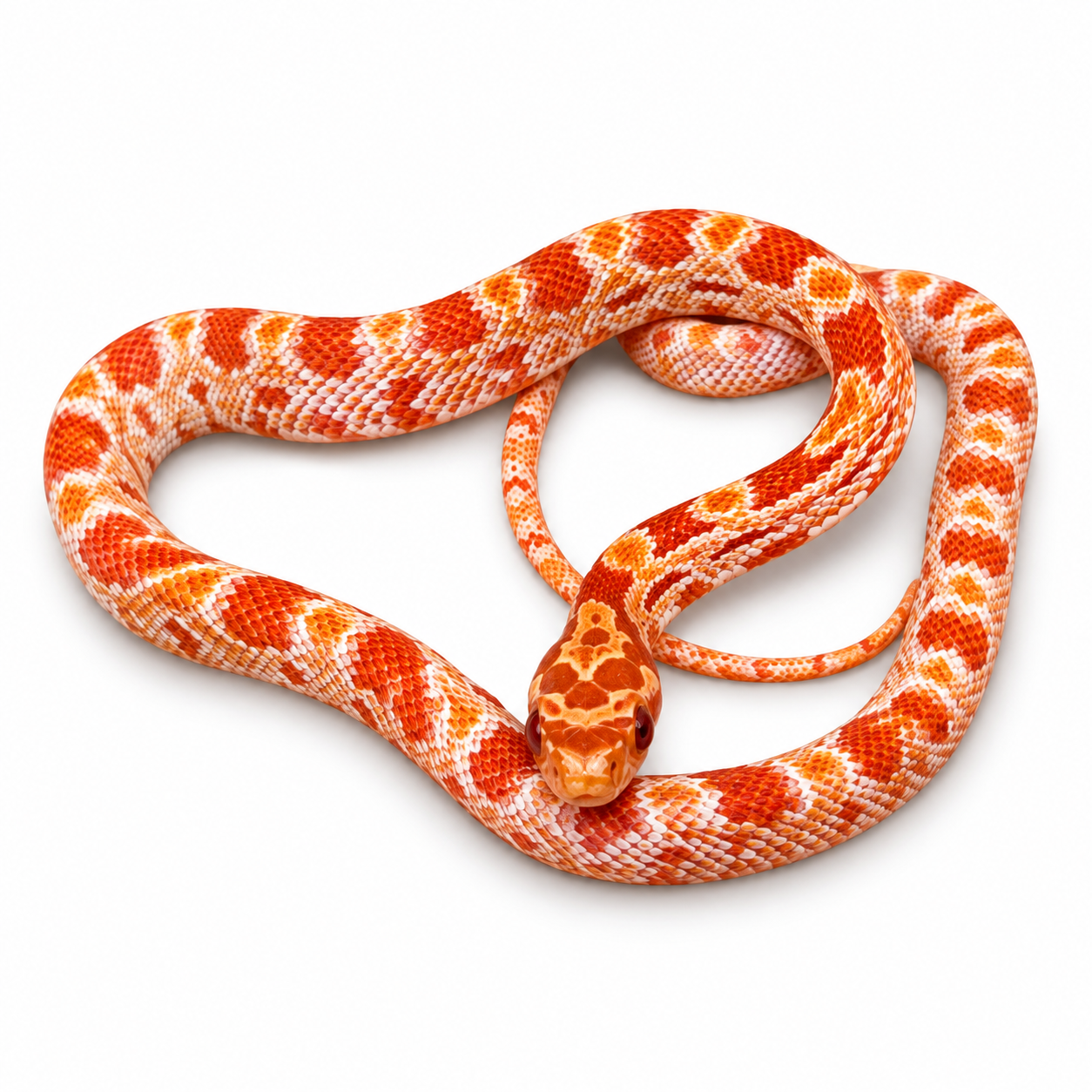 Jeune serpent des blés Pantherophis guttatus de mutation Amelanistic, orange et blanc, présenté sur fond blanc