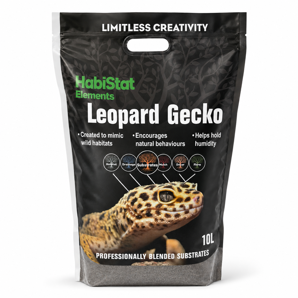 Face avant du substrat HabiStat Elements Leopard Gecko 10 L pour terrarium de gecko léopard