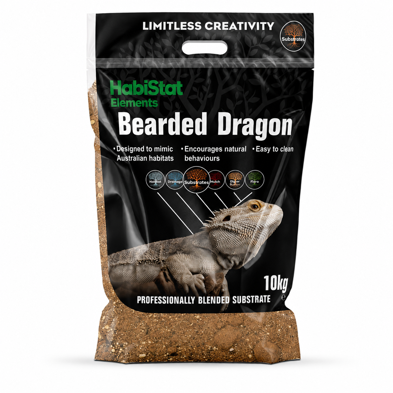 Face avant du substrat HabiStat Elements Bearded Dragon 10 kg pour terrarium de pogona