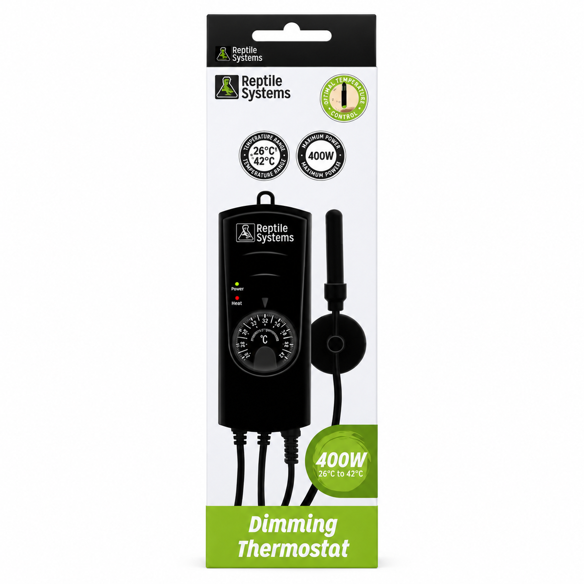 Thermostat dimming Reptile Systems 400 W avec sonde, réglable de 26 à 42 °C pour chauffage de terrarium.