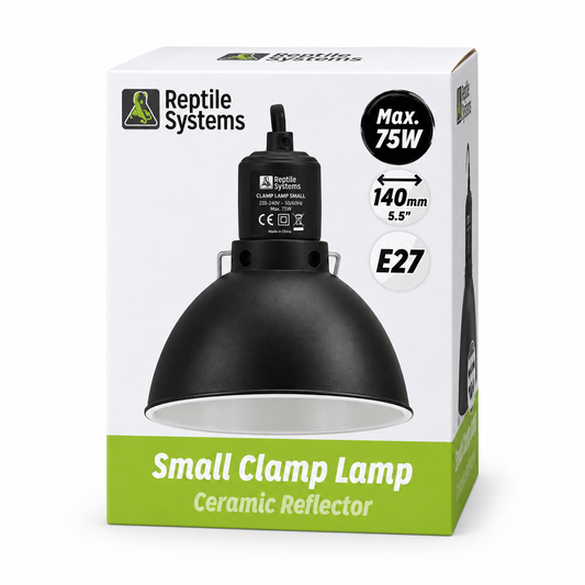 Trois réflecteurs noirs Reptile Systems Clamp Lamp en tailles Small, Medium et Large pour terrarium