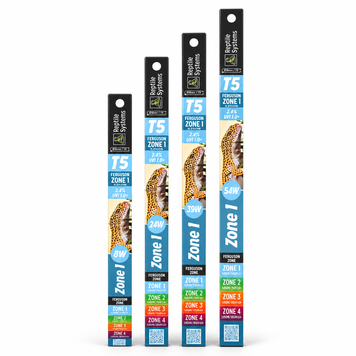 Gamme de tubes UVB T5 Ferguson Zone 1 Reptile Systems disponibles en 8 W, 24 W, 39 W et 54 W.