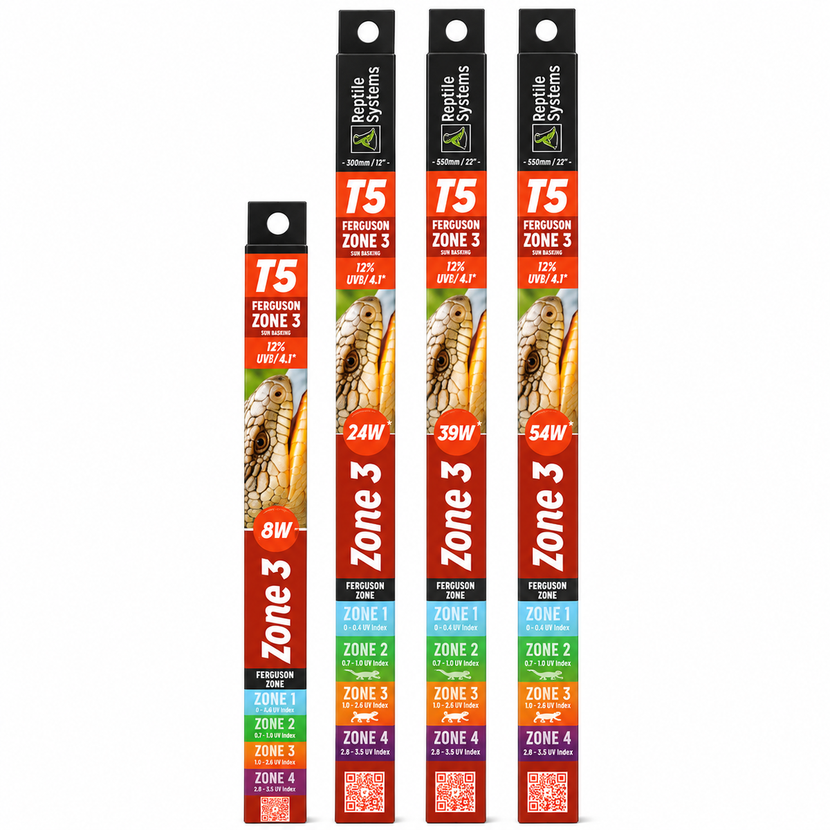 Tubes UVB T5 Reptile Systems Ferguson Zone 3 pour reptiles, disponibles en 8 W, 24 W, 39 W et 54 W.